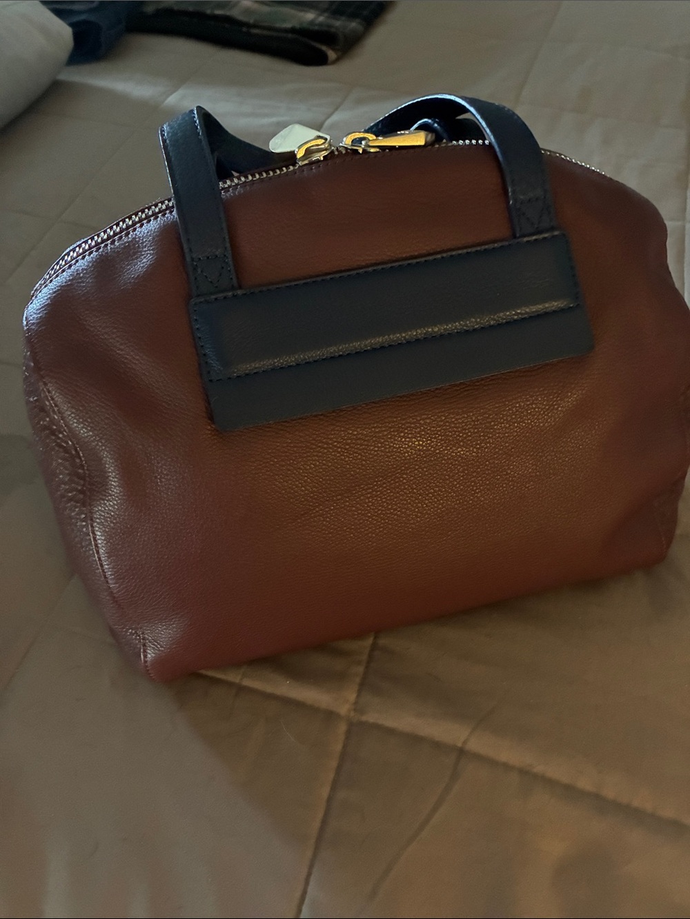 Pour La Victoire Plum-Marion Leather Satchel with leather Navy Handles and Trim - Picture 13 of 14